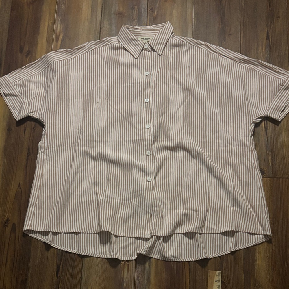 Max Studio Women's Striped Boxy Fit Shirt - Soft Brown and White Small